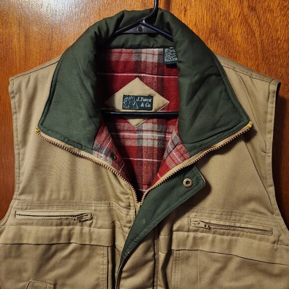 Men's Medium J. Forest & Co. Tan/Green Plaid Lined Zip Up Hunting Vest - Picture 1 of 12